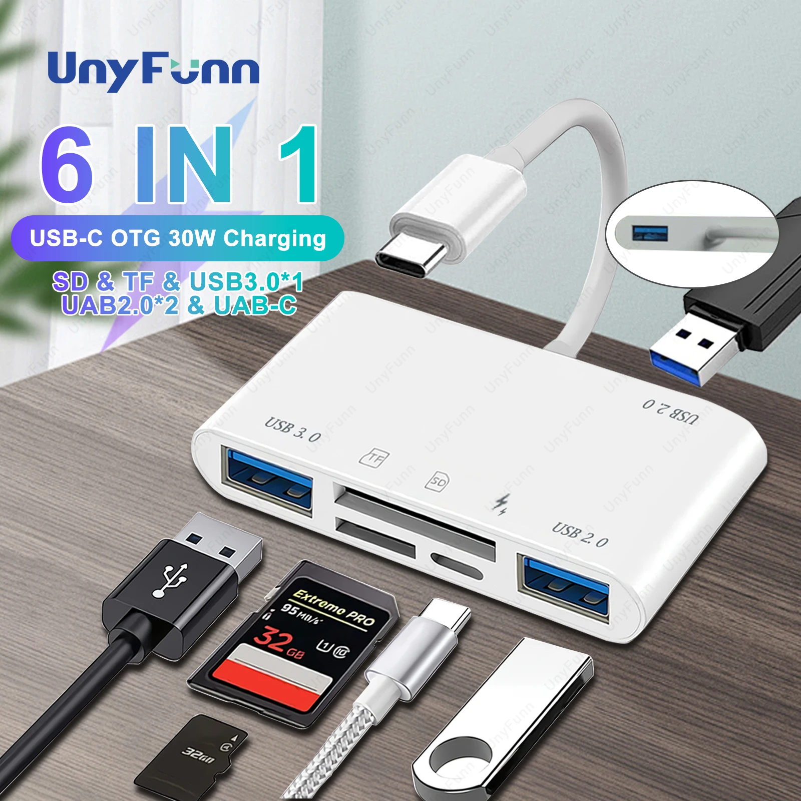 USB C To SD TF Card Reader 6 In 1 USB-C Memory Card Reader Adapter With 30W Charging Port USB 3.0 Female OTG Adapter