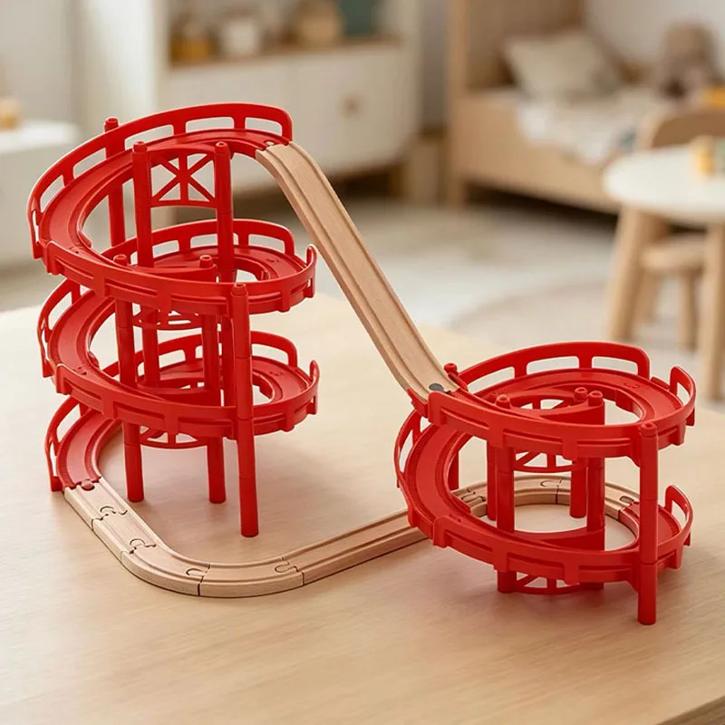 Wooden Train Track Accessories Multi-Layer Spiral Bridge Building Blocks Compatible with Brand Wooden Track Railway Toys