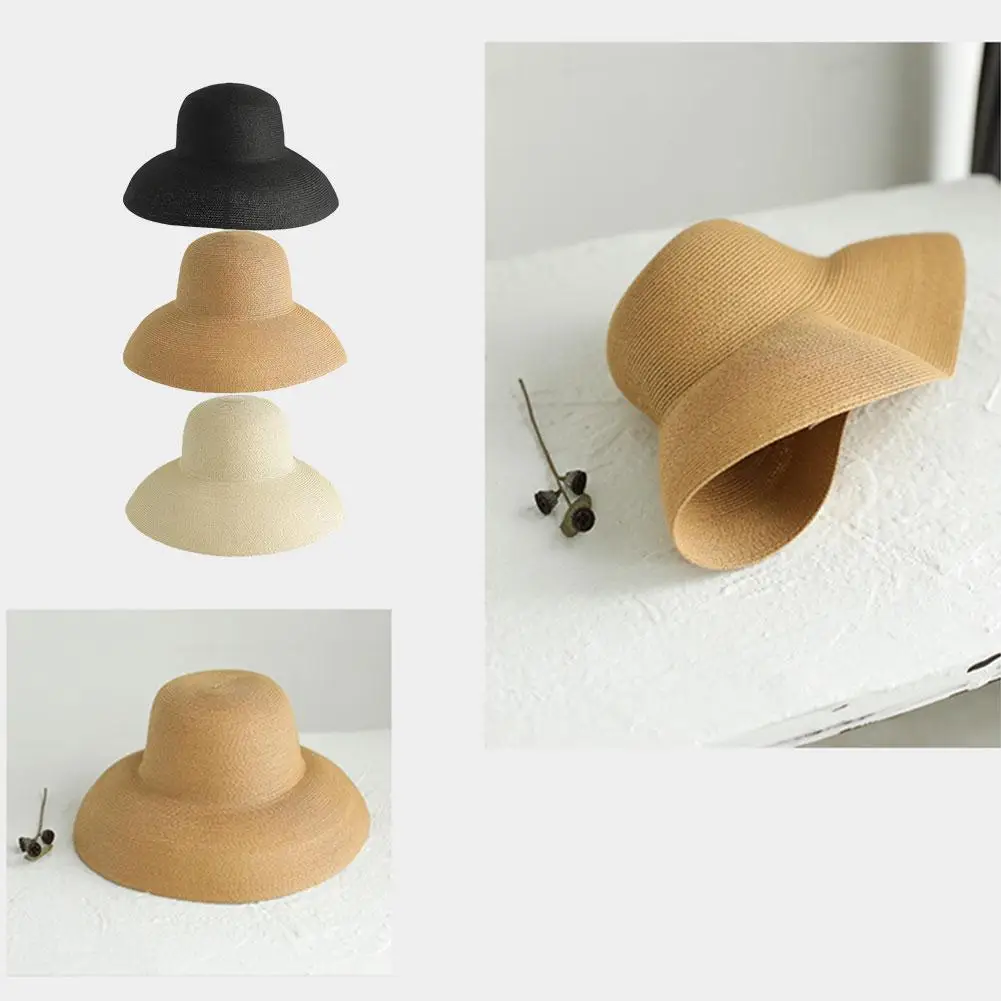 Summer Sun Hats Retro Sun Protection Wide Brimmed Fisherman Elegant Straw Hat Top Color Floppy Beach Hat Solid Round Women