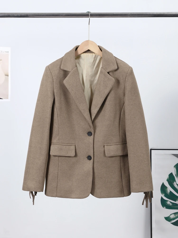 Quasten Woolen Anzug Jacke Frauen Elegante drehen-unten Kragen Langarm Einreiher Tasche Herbst Winter Mäntel Neue Outer – Detail 3