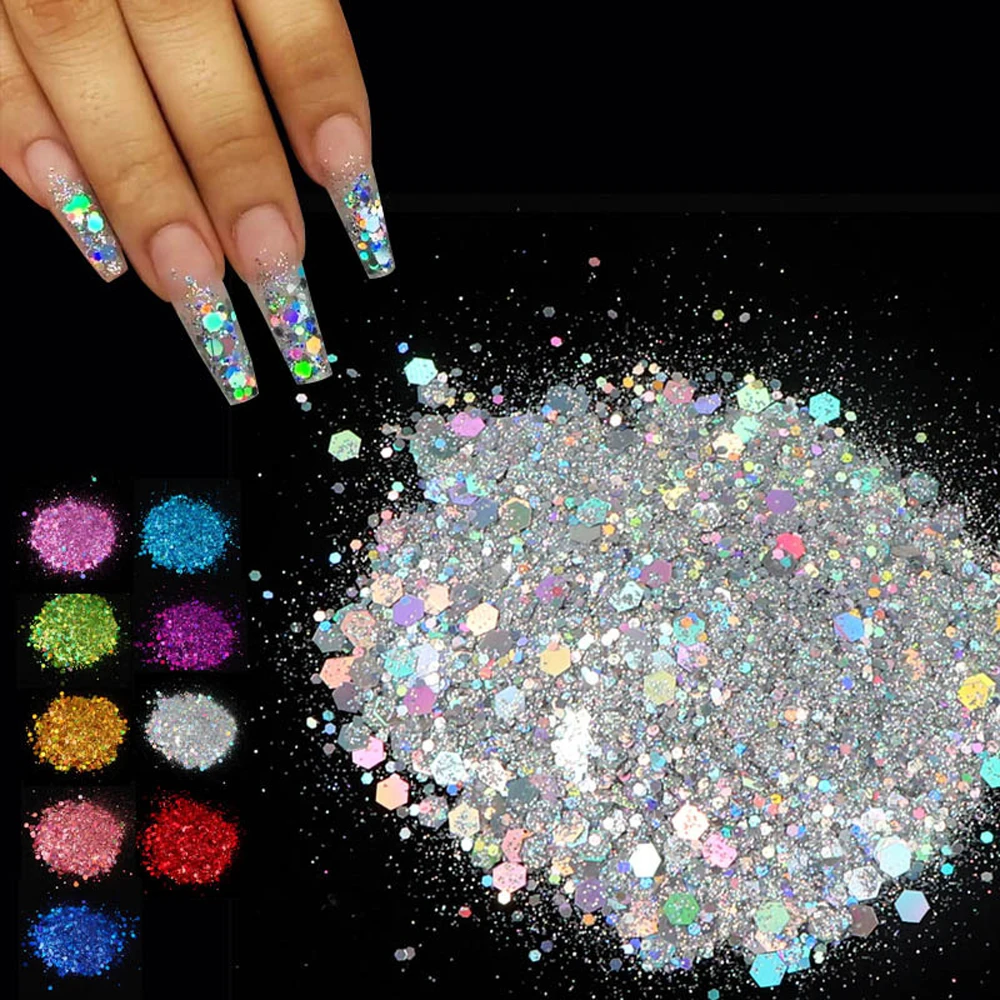 

50G Bag Large Holographic Mixed Hexagon Shape Silver Sequins Laser Sparkly Flakes Slices Manicure Nails Art Decoration