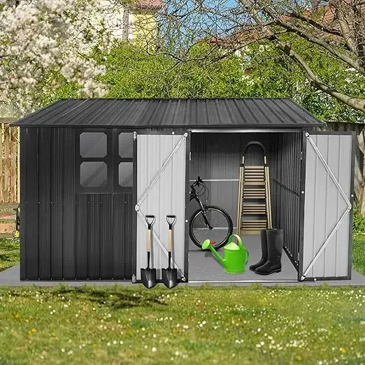 10 x 8 & Storage Clearance, Metal Anti-Corrosion Utility Tool House with Lockable Door & Shutter Vents, Waterproof Storage Shed