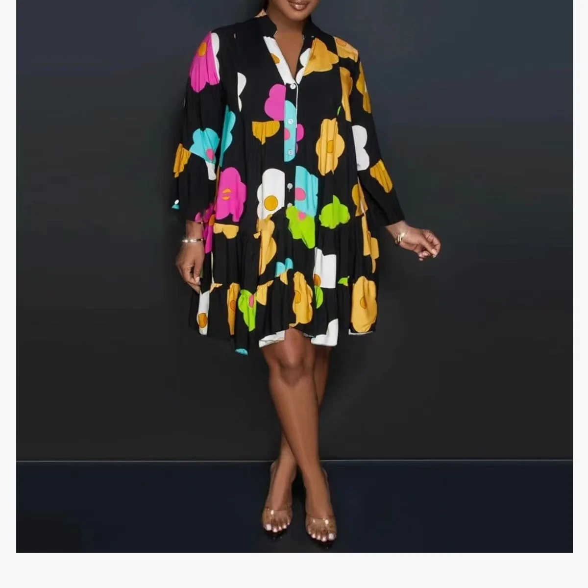 Casual Loose Print Shirt Dress Women Fashion V-neck Flared Sleeves Dresses For Women 2025 Boho Ruffles Patchwork Dress Ladies