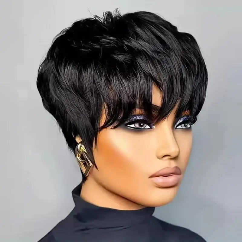 Pixie Cut Short Bob Human Hair Wig with Bangs for Black Women, Straight Natural Black Wig, Machine Made Natural LookingDaily Wig