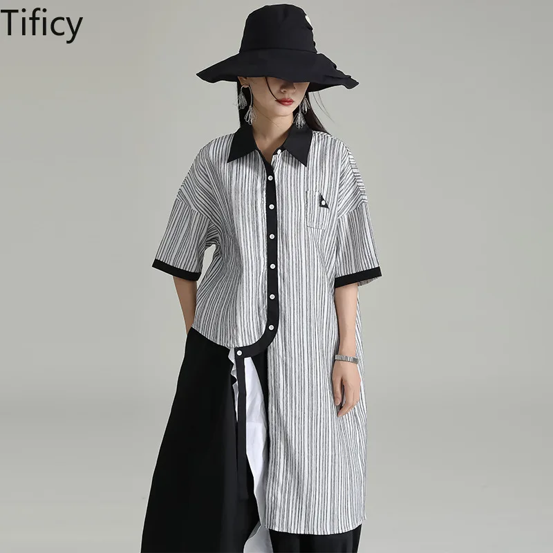 

Yamamoto Dark Wind Irregular Midi Shirt Women's Summer Single-Breasted Contrasting Shirt Dress Top