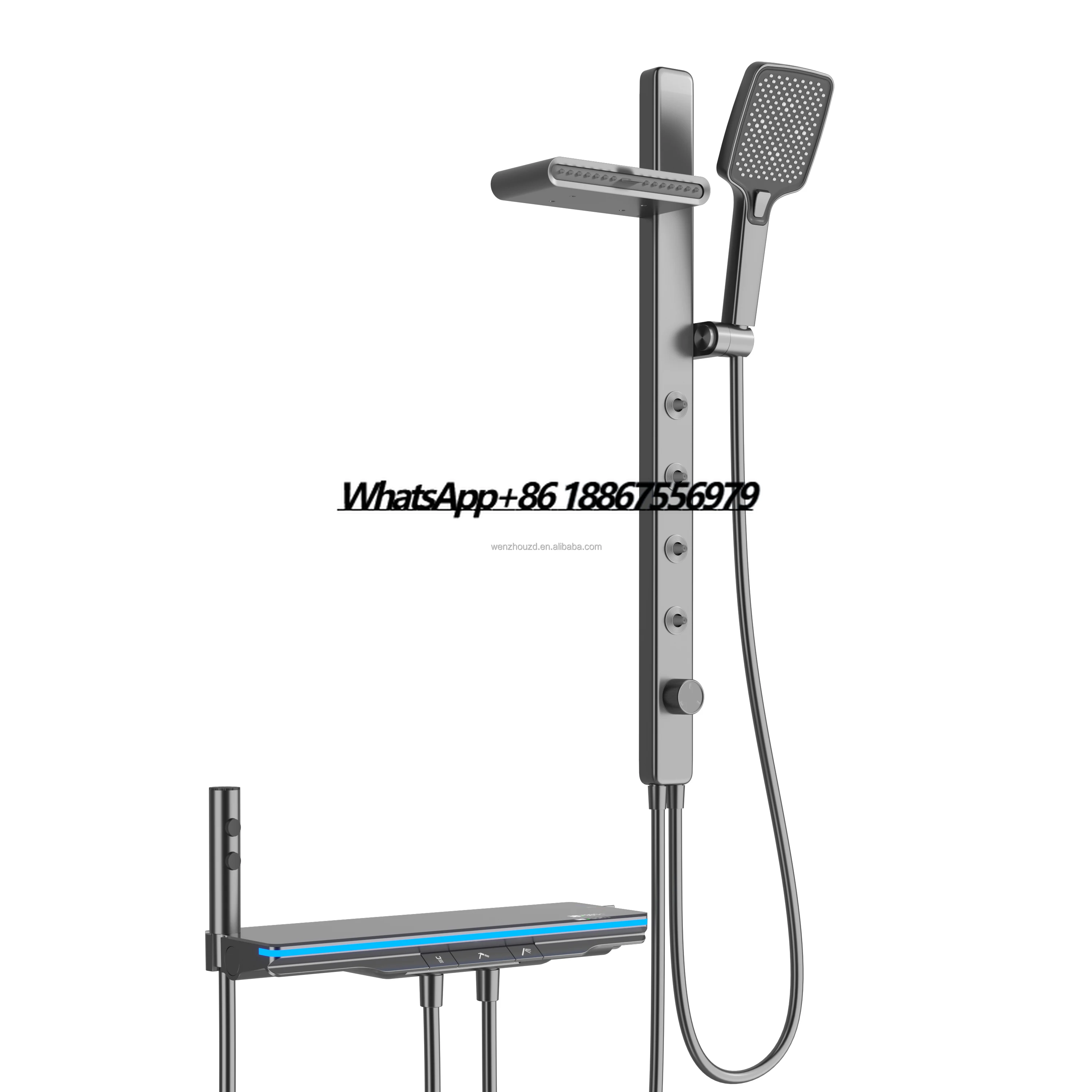 

Luxury Gray Bathroom Shower Set Smart Rainwater Faucet Digital Panel Square Brass Shower Column Jet Spray Farmhouse Style