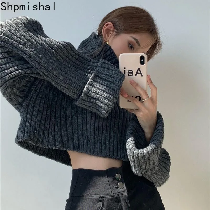 

High Neck Sweater Women's Loose Pullover 2023 New Winter Lazy Short High Waist Fashion Pullover Knitted Top Female Clothing