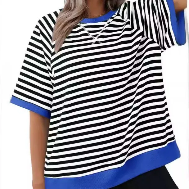 Summer Fashion Striped Loose T-shirt With Thread 2025 Casual Striped Patchwork Printed Short Sleeved T-shirt Top For Women