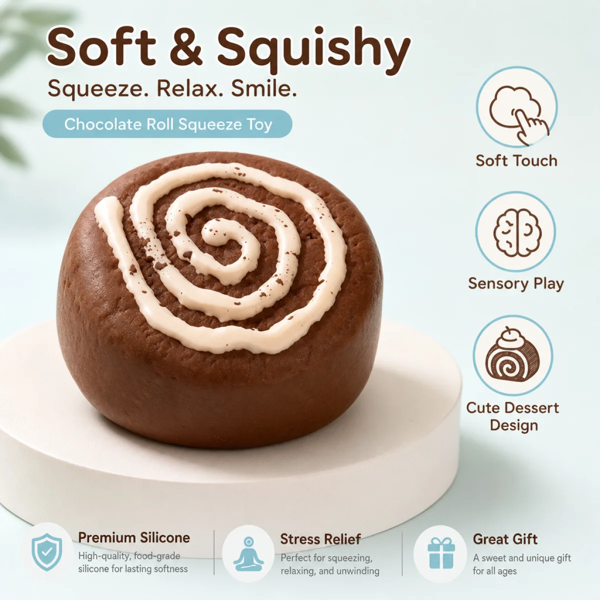 Food Grade Kawaii Chocolate Roll Cake Squeeze Squishy Toy Smooth Surface Exquisite Whipped Cream Design Slow Rebound Stress
