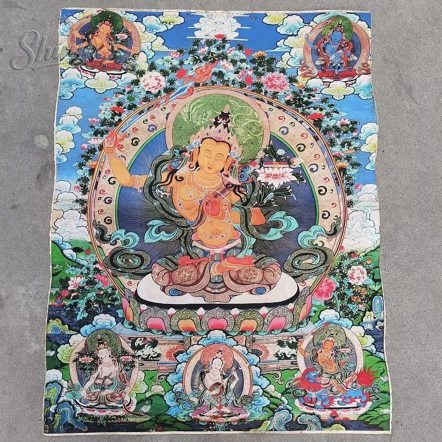 

35.4″ Manjushri Bodhisattva Brocade Tibetan Tangka Embroidery Painting Gold Thread Embroidery Decorative Hanging Pictures