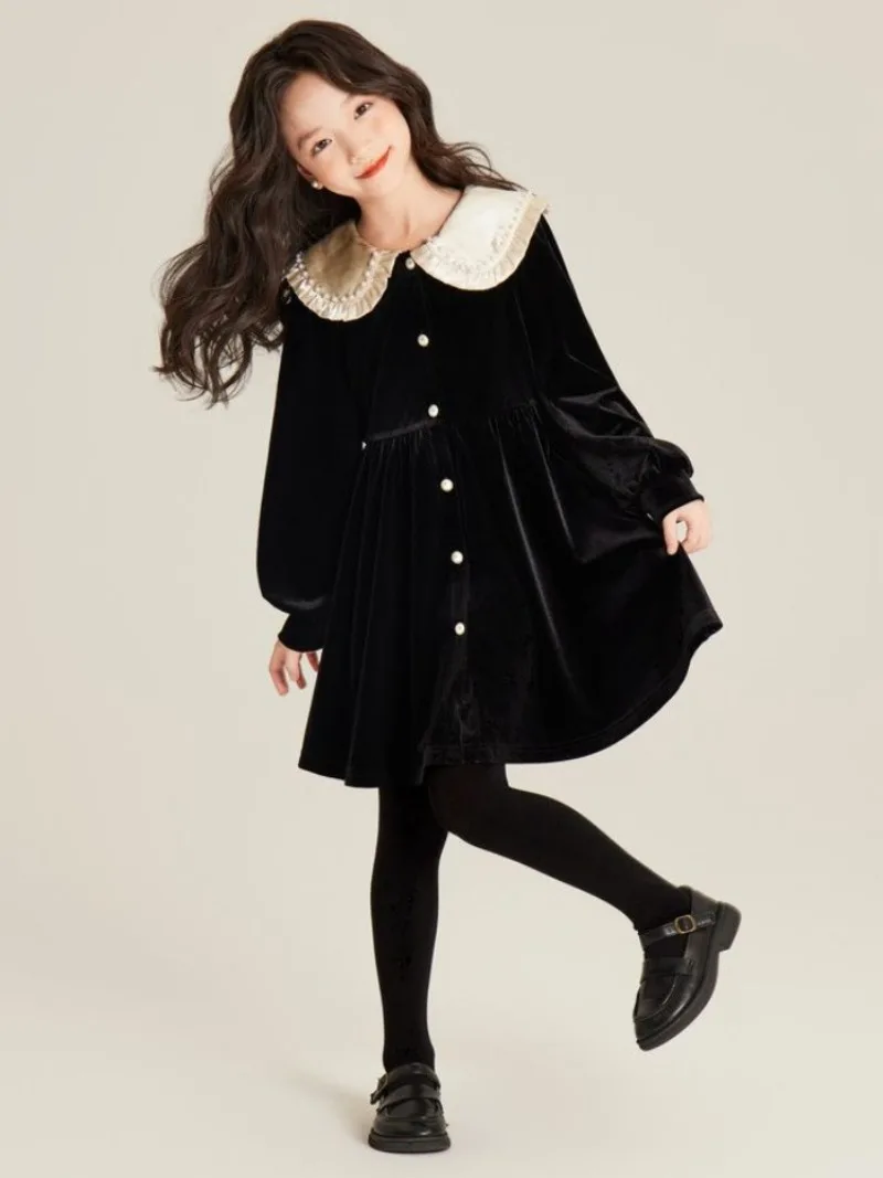 Girls' Autumn/Winter High-end Fleece-lined Velvet Elegant Black Princess Gown Dress - 4-12 Years Old