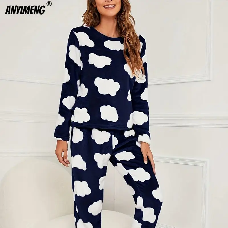 Navy Clouds Women Winter Pajamas Set Soft Flannel Fluffy Sleepwear Thermal Fashion Pijama Leisure Homewear Girl Velvet Nightwear