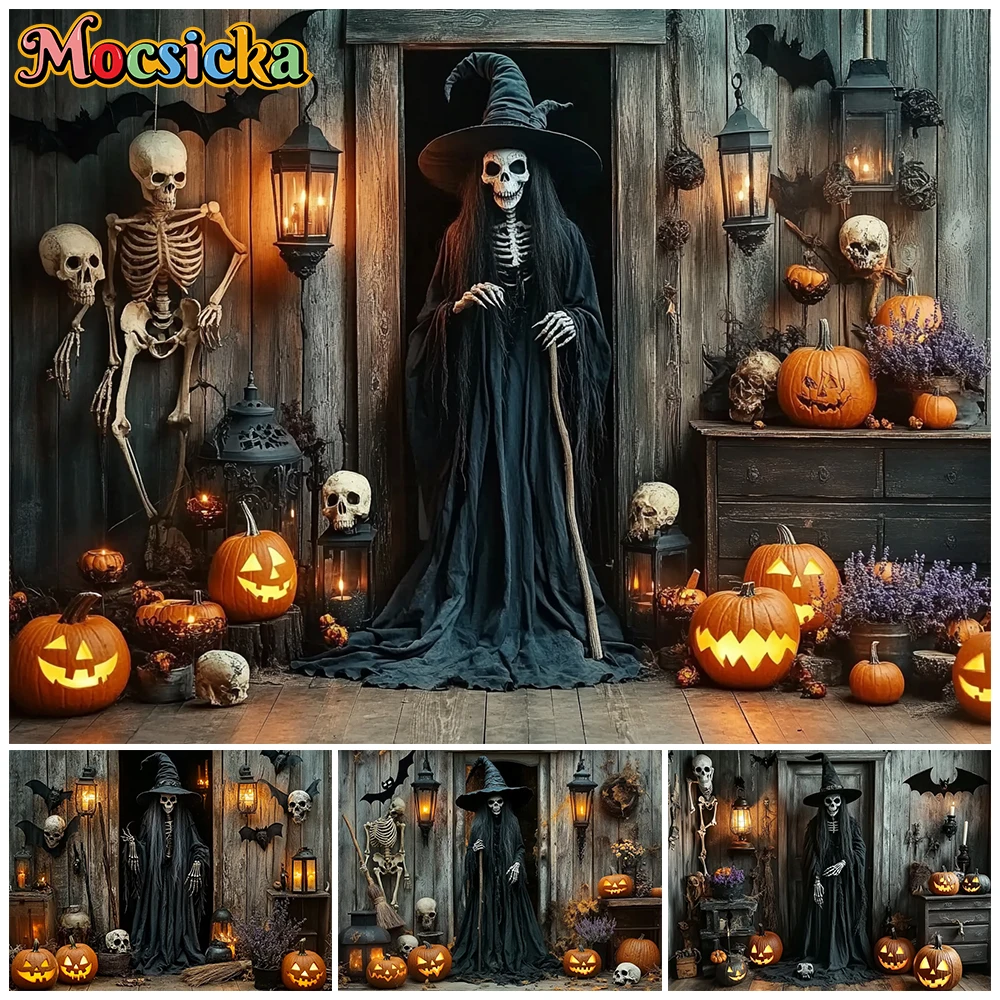 Mocsicka Photography Backdrop Halloween Decoration Witch Skeleton Pumpkin Wooden House Background Spooky Party Photo Prop Banner