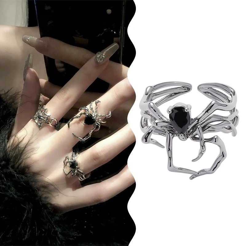 Electroplating Black Heart Spider Web Opening Finger Rings Unisex Party Jewelry Gifts Irregular Halloween Punk Gothic Ring