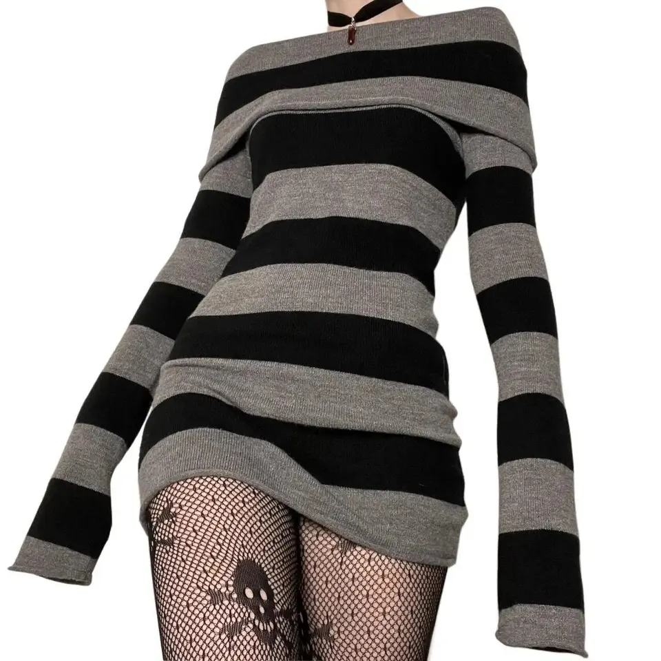 Vestido mini de mujer a rayas, tipo bodycon, cuello barco, hombros descubiertos, manga larga, corto, para primavera y otoño, con cierre en la cadera, para fiesta