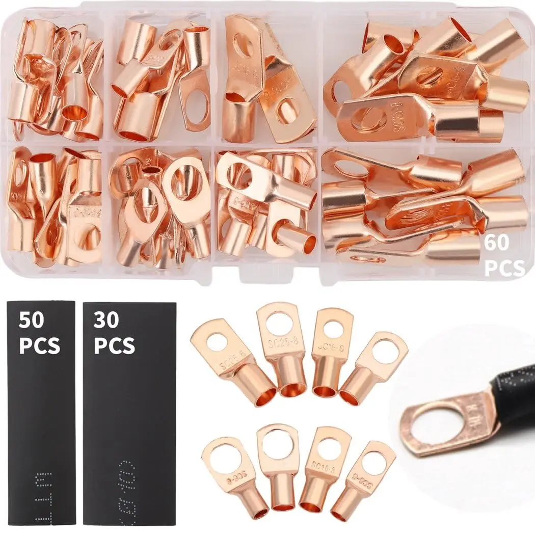 

140 PCS Copper Wire Lug Kit Terminal Connectors AWG12 to AWG4, Battery Cable Lug Ends for Home Appliances, Distribution Boxes