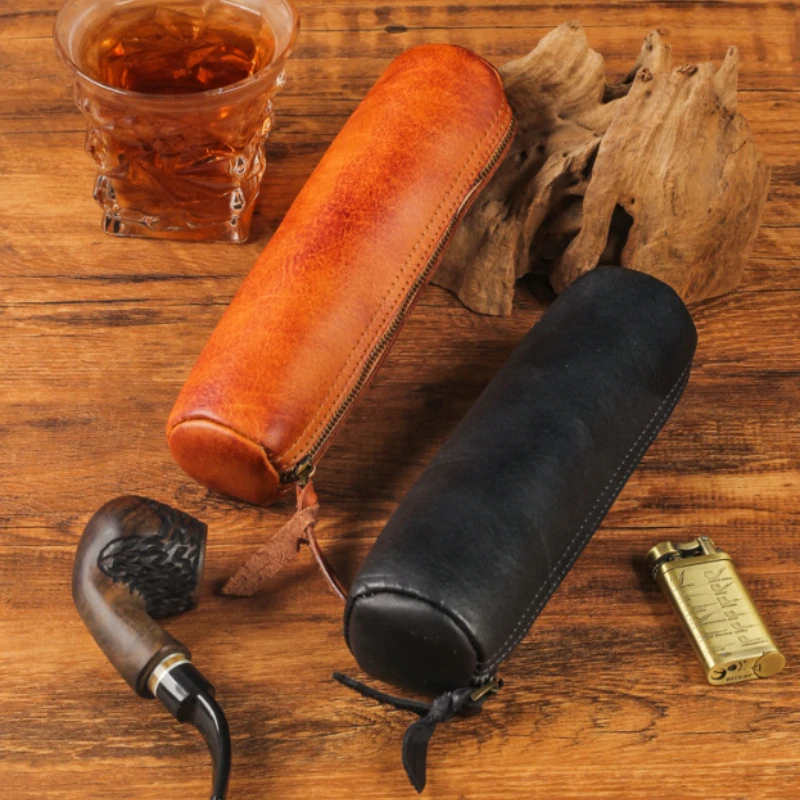

First-Grade Cowhide Single Pipe Bag Round Cylinder Simple Men's Retro Handmade Pipe Storage Accessory Pouch Portable Organizer