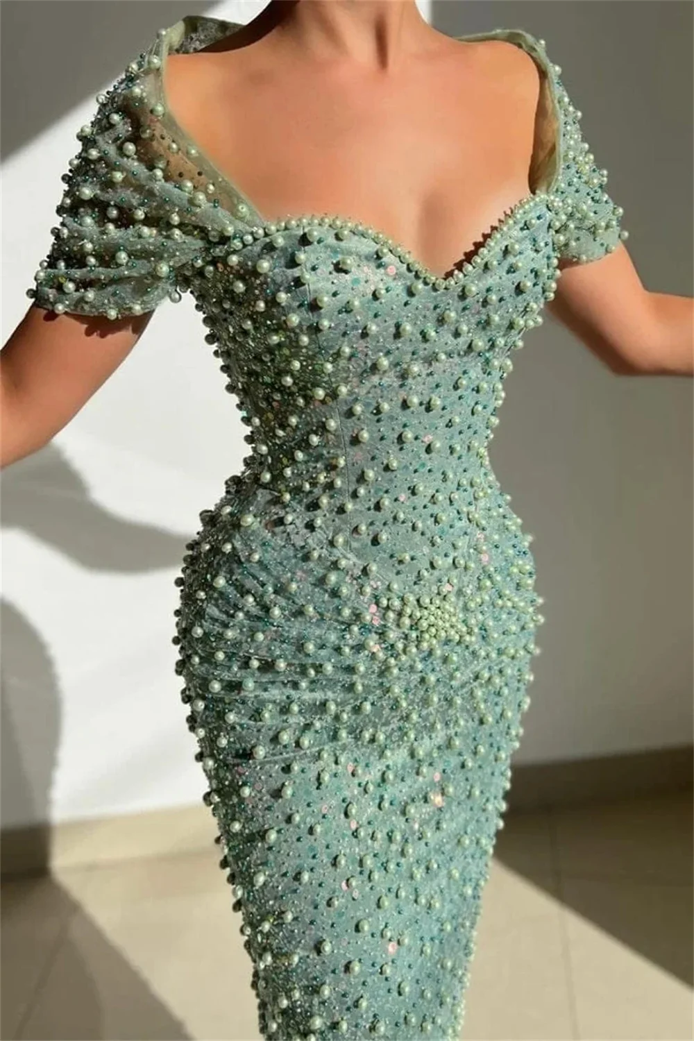 Vestido de novia de lujo con hombros descubiertos, traje elegante de sirena con cuentas verdes, sin mangas, para fiesta