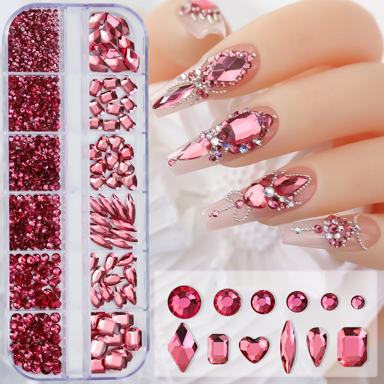 SS4-SS16 Dark Red Nail Rhinestones 12 Grid FlatBack Mixed-Size Nail Crystal DIY Non-Hotfix 3D Red Manicure Diamond Stone