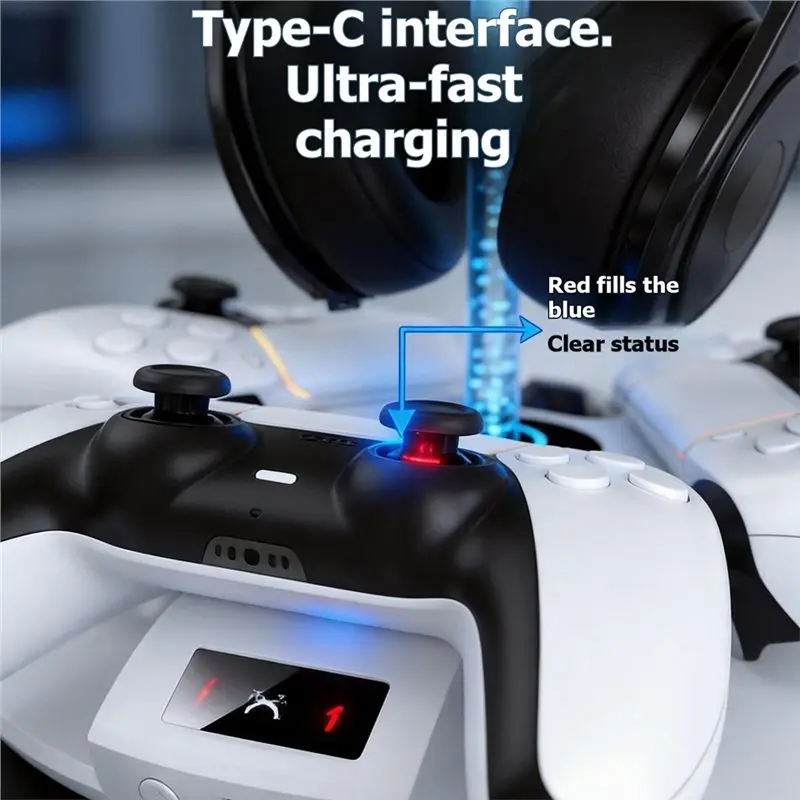 RGB Ambient Lighting 3-In-1 Charging Dock For PS5 Wireless Controller Fast Charge Headphone Storage Stand Docking Station view 4