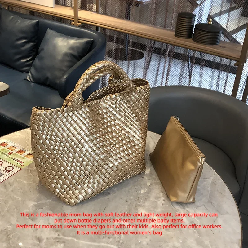 Fashion Mommy Tote Handbag Pure Handmade Woven Bag Large Capacity Fashion Women's Bag Soft Leather Premium Texture Tote Out Bag