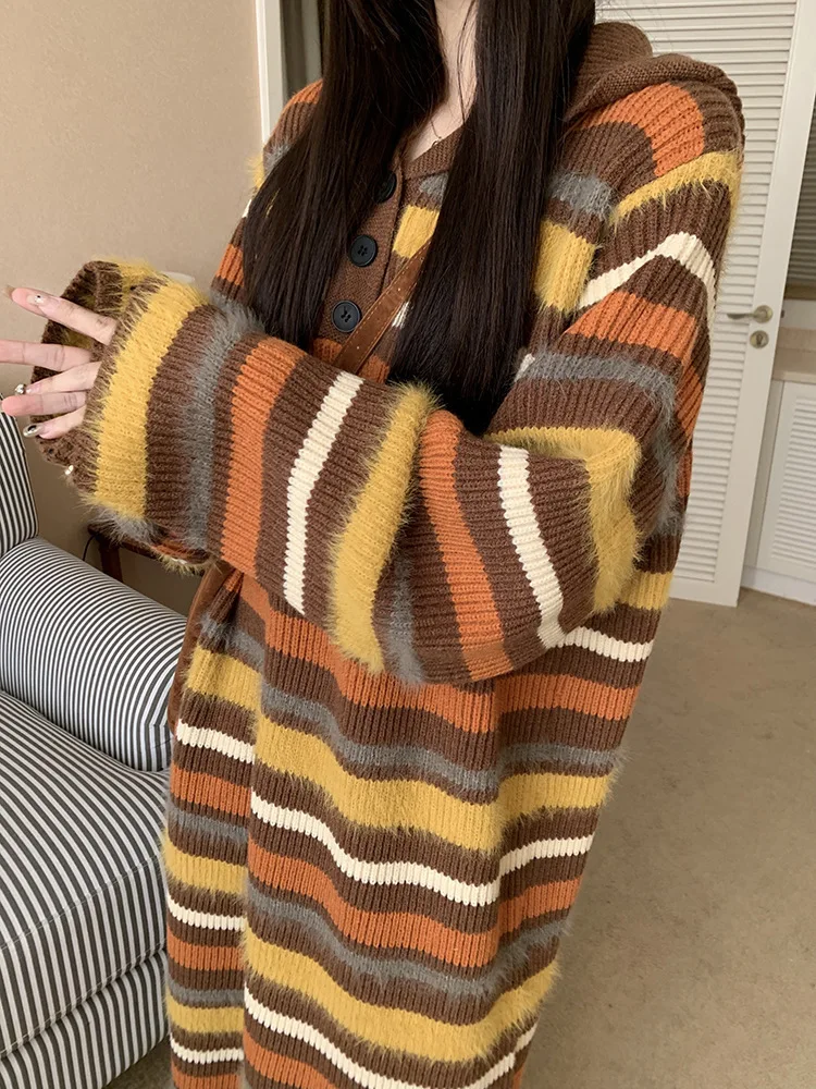 الخريف الشتاء خمر فستان طويل مخطط الألوان المتناقضة الملابس النسائية عادية فضفاض مقنعين زر مستقيم محبوك فساتين