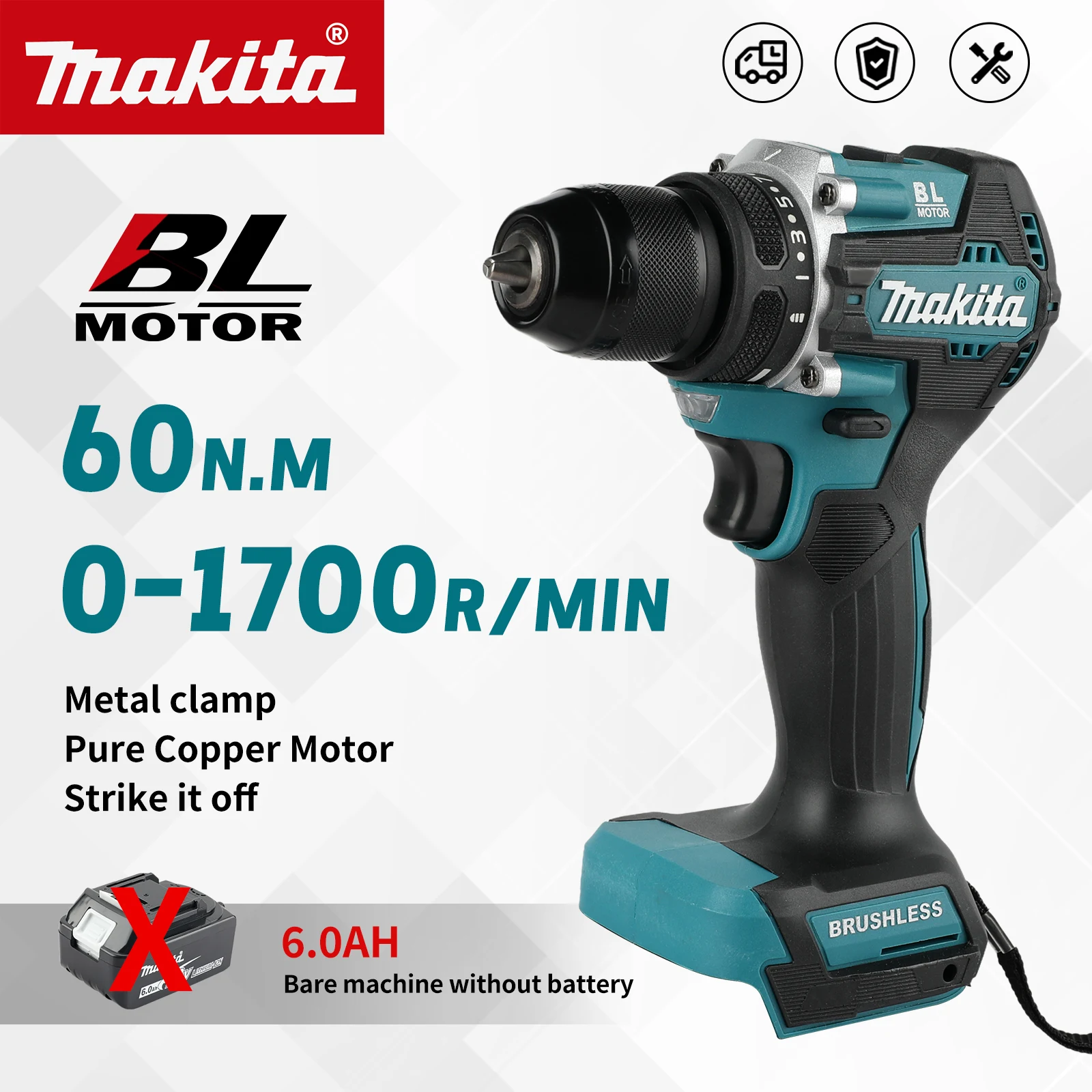 

Makita DDF487-10 18V Brushless Cordless Drill 60Nm Torque 0-1700RPM 13mm Chuck Bare Tool for Drilling And Screwing Power tools