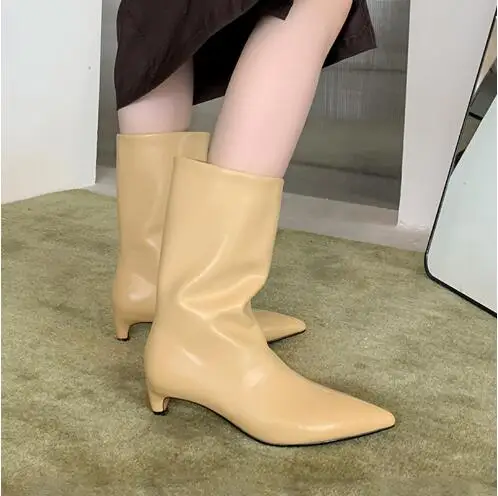 Drop Shipping Women Fashion Gray Leather Black Apricot Pointed Toe Kitten Heel Wide Calf Slip On Mid-calf Boots Shoes Lady