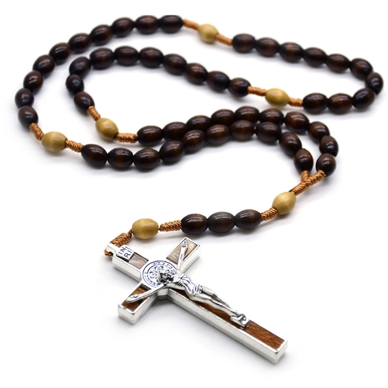 

N0HB Beads Rosary Necklaces Handwovens Pendants Long Chain for Womens Man