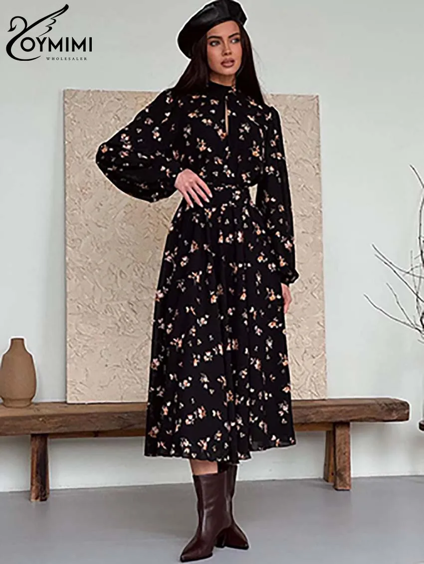 

Oymimi Casual Black Print Women's Dress Fashion Turtleneck Hollow Out Long Sleeve Dresses Elegant High Waisted Mid-Calf Dresses