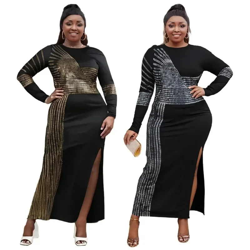

2025 Spring Autumn African Dresses for Women Elegant Long Sleeve Dashiki Diamonds Maxi Dress Africa Clothes Ankara Dresses