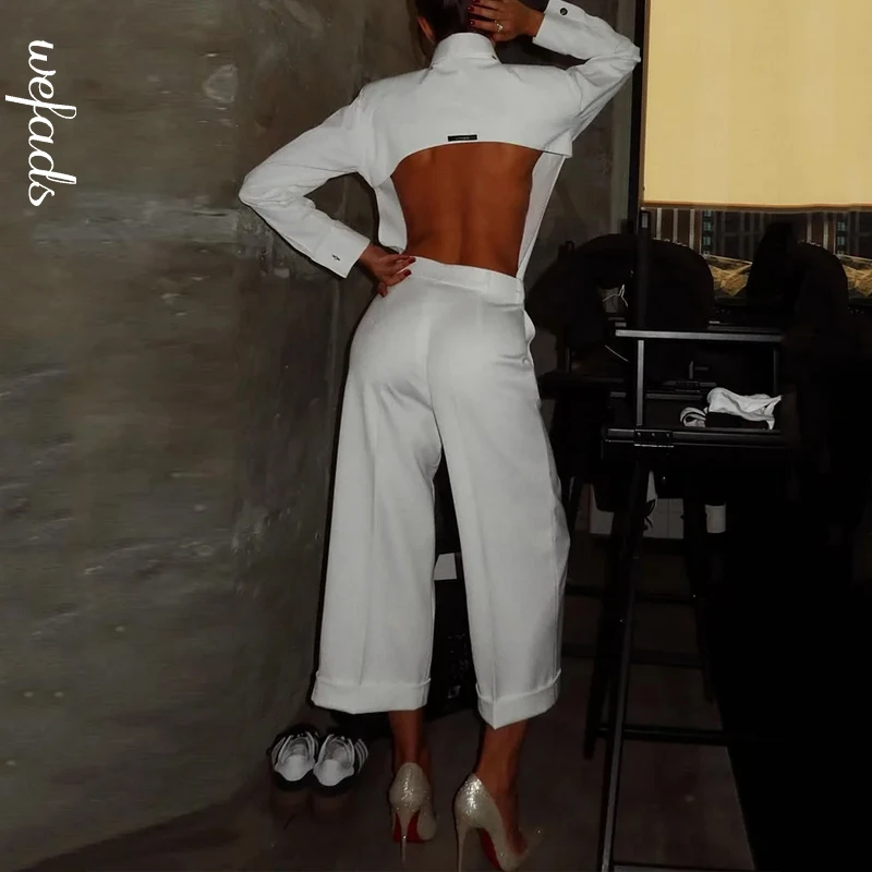 

Wefads 2 Piece Set Women Matching Suit Fashion Long Sleeve Solid Lapel Single Breasted Button Backless Shirt Straight Pants Sets