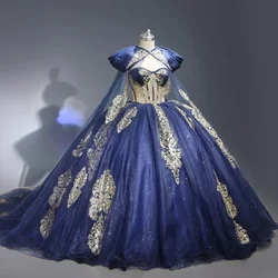 Prinses Quinceanera Jurken Goud Vlinder Sprankelende Cape Appliques Sweet 16 Jurken Kanten Baljurk Wc010