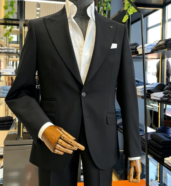 Single Breasted Peak Lapel Mens 2 Piece Suit Slim Fit Navy Blue Formal Blazer Pants Set For Business Wedding Banquet Customized