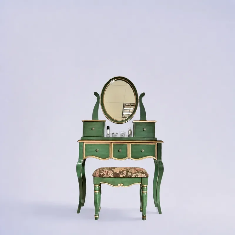 Solid Wood Dressing Table with Storage Chest Bedroom Vanity Desk Integrated Makeup Mirror Emerald Green Finish