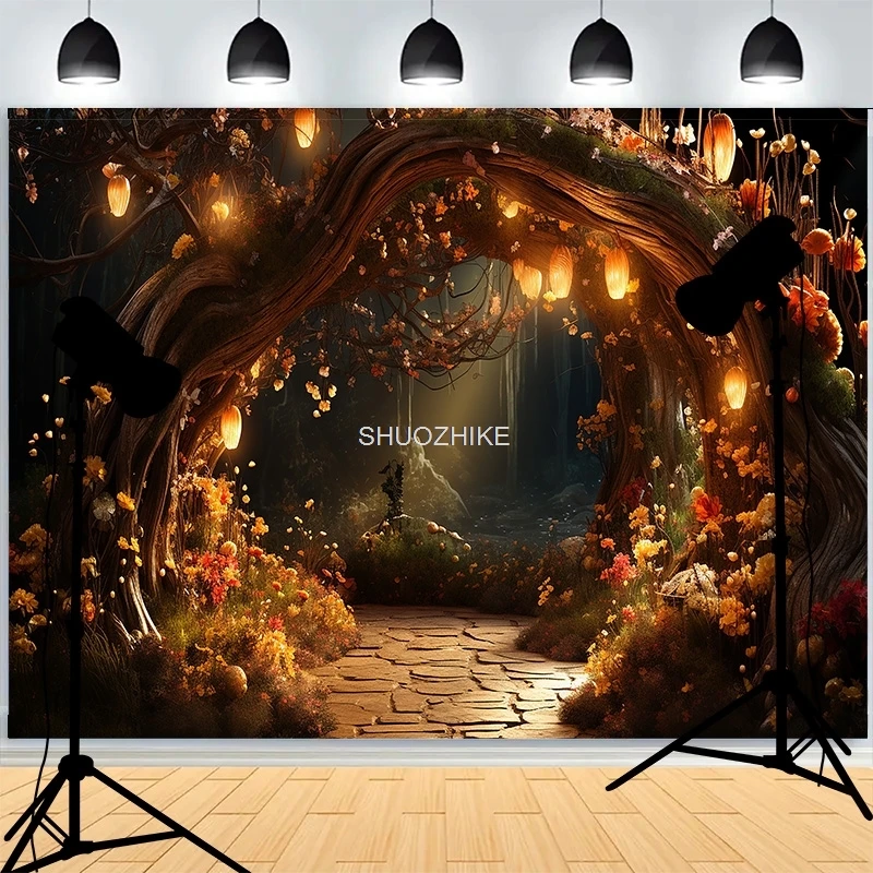 

Fairytale House Fantasy Photography Backdrops Window With Bunch Flowers Snowfall Winter Pathway Photo Studio Background FA-03