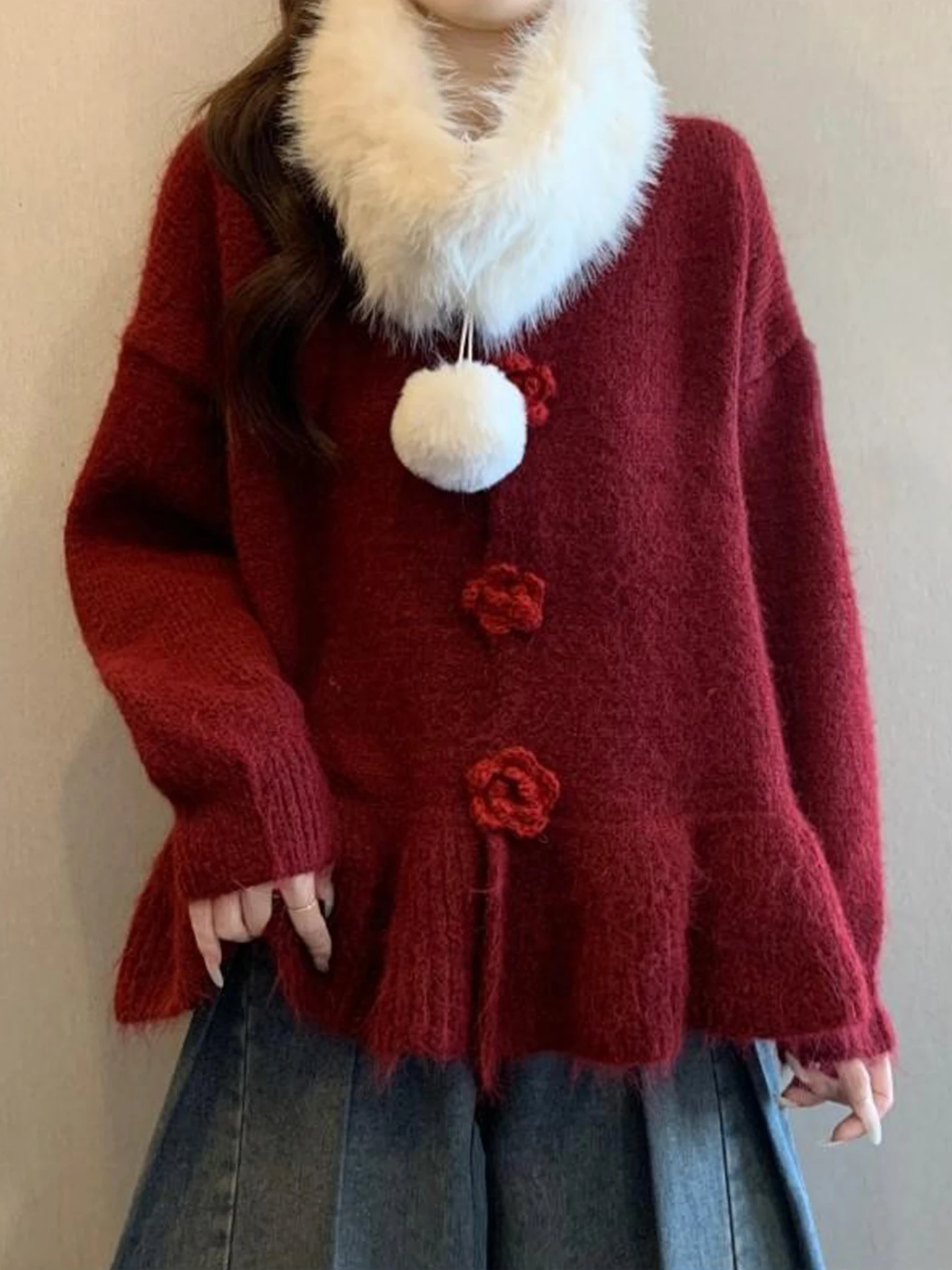 

Red Knitted Sweater Coat Women's Autumn Winter plus Size Slimming Unique Good Looking Knitted Open Cardigan Commute Sle