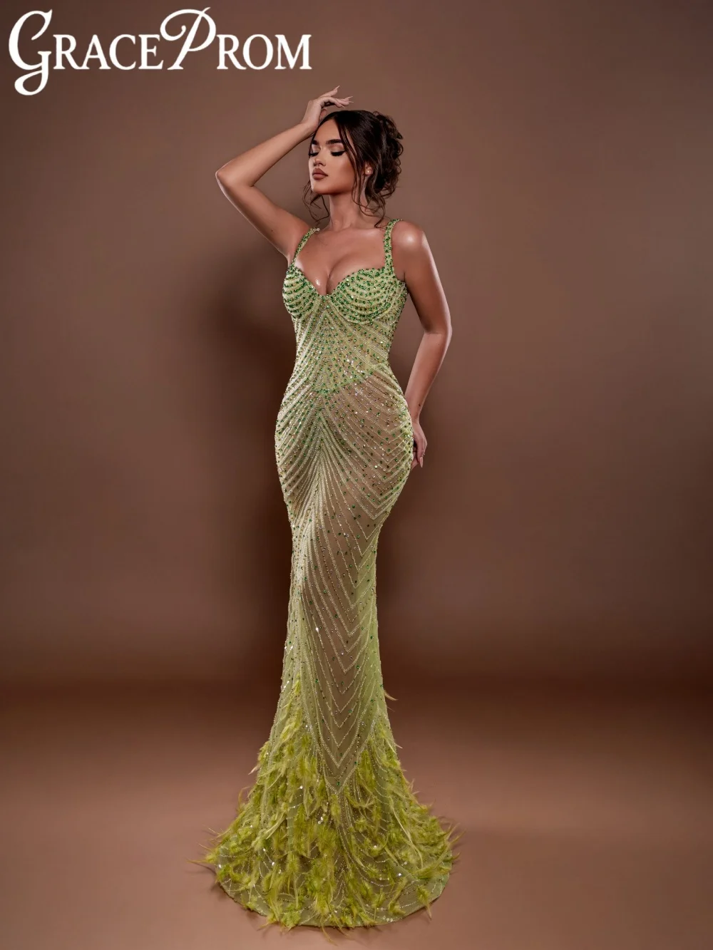 

Feathered Opulent Crystal Evening Dress Glamorous Thin Straps Wedding Party Gown New Customized Mermaid Long Banquet Dresses