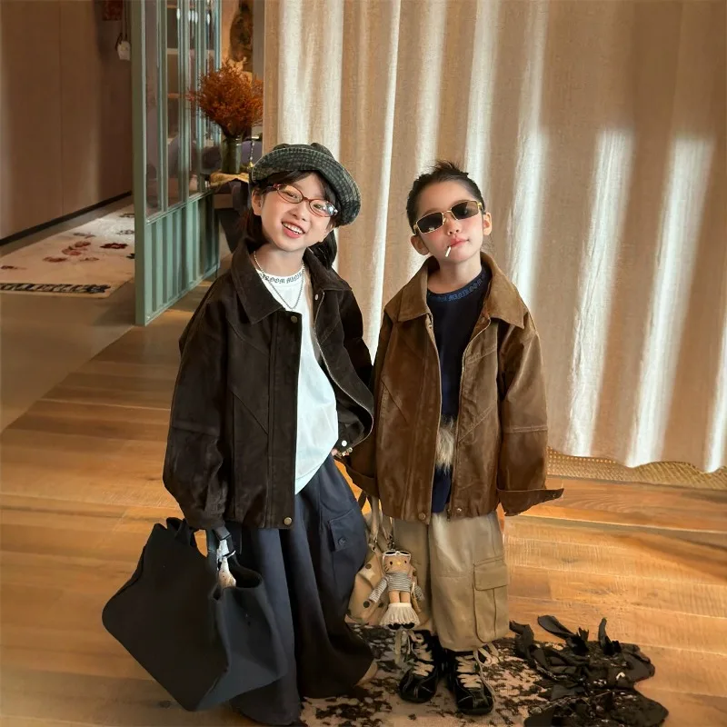 2026 Spring Autumn New Korean Children's Single-sided Velvet Jacket, Workwear, Heavy-duty Jacket, Stylish