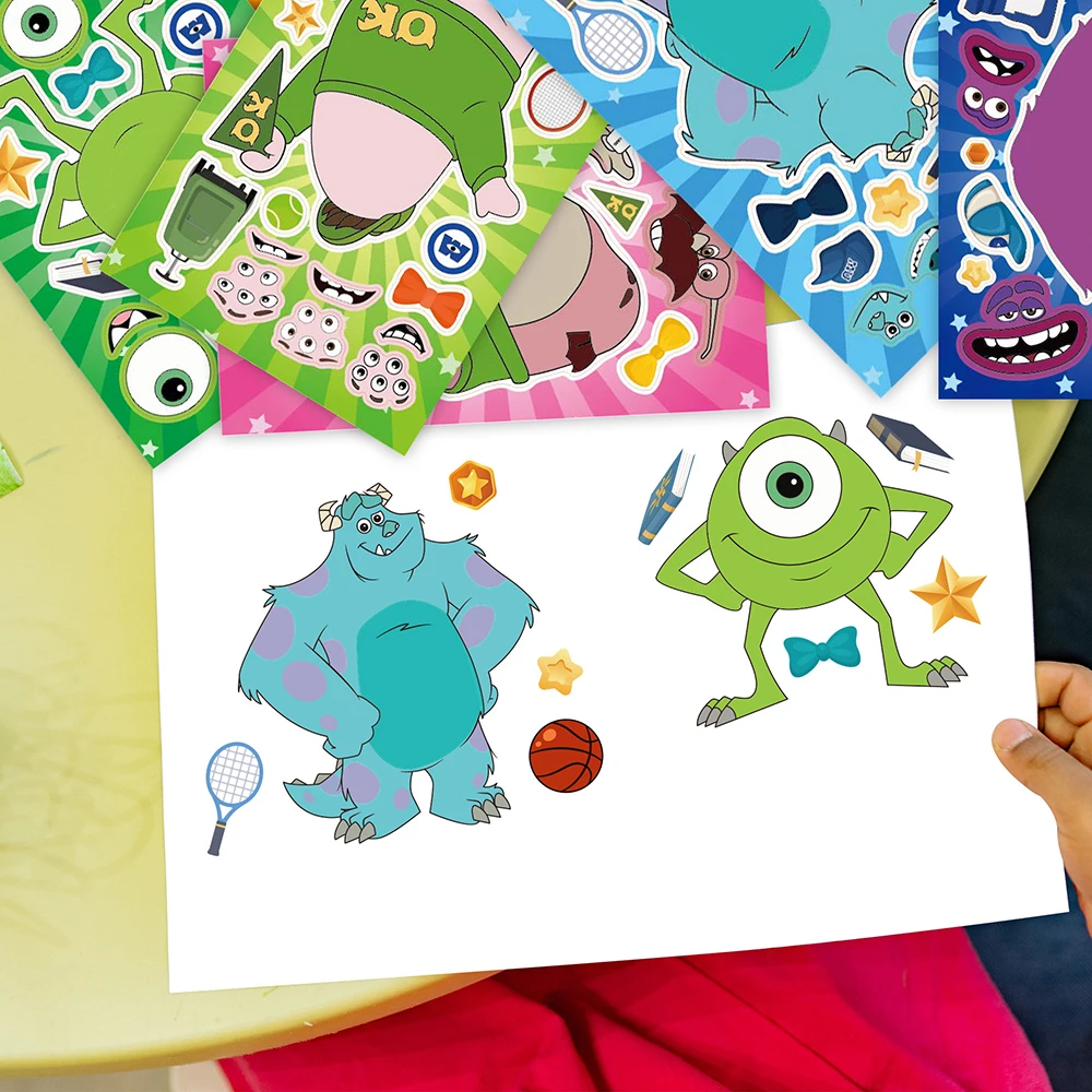 8/16Sheets Disney Monsters Inc Puzzle Stickers Make-a-Face Games Toy Create Your Own Funny Cartonn Assemble Jigsaw Children Gift