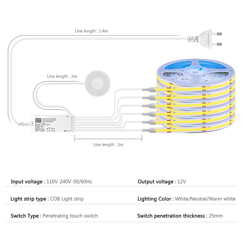 

ABRO-Touch Sensor Under Cabinet Light Dimmable COB LED Strip Suitable For Bedroom, Wardrobe, Indoor Kitchen Outline, Durable EU