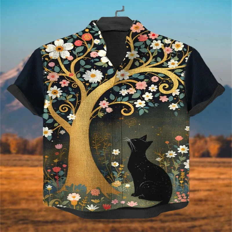Summer Men's Short-Sleeve Shirt, Artistic Fish Design, Button-Down Open Collar, Stylish Stand Collar, High-Quality Streetwear