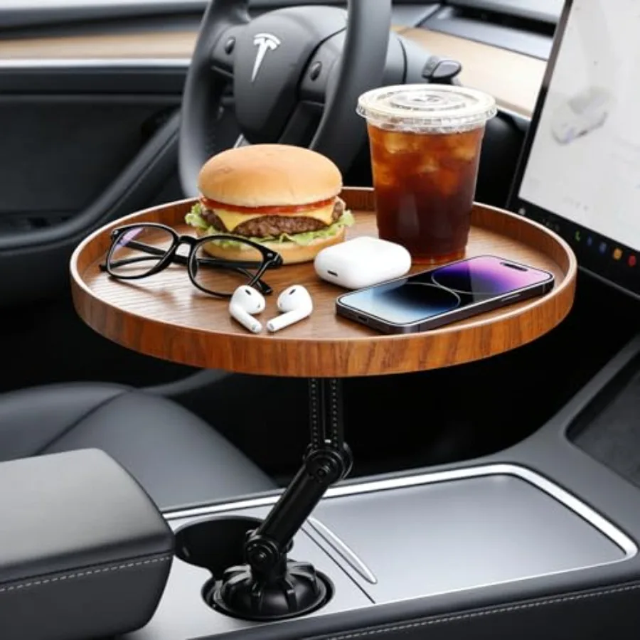 

Car Food Cup Holder Tray - 360° Rotating Car Table and Car Seat Tray, Detachable Wooden Car Desk for Laptop and Food Tray, Comp