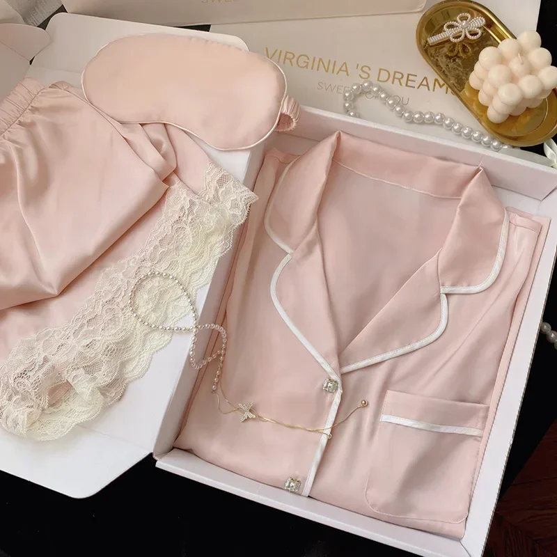 

New Ice Silk Pajamas Womens Summer Simple Ins High Value Sweet Girl Short-Sleeved Pajamas Homewear Summer Womens Clothing Figure