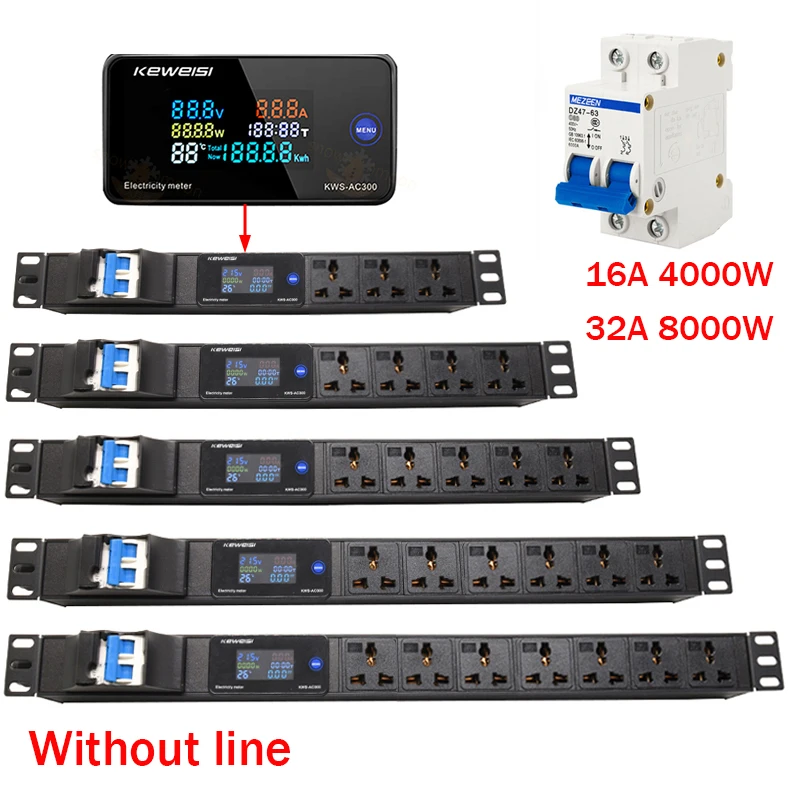 Network Cabinet Power Distribution Unit Power Strip 2-7 Ways Universal Socket Digital voltage measuring instrument 4000W/8000W