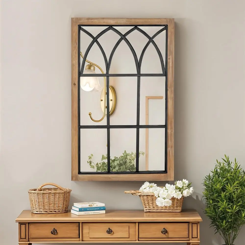 

Зеркало в деревянной раме, настенное зеркало в деревенском стиле для дома, декор в виде оконной стеклопанели для прихожей, гостиной, спальни, ванной комнаты