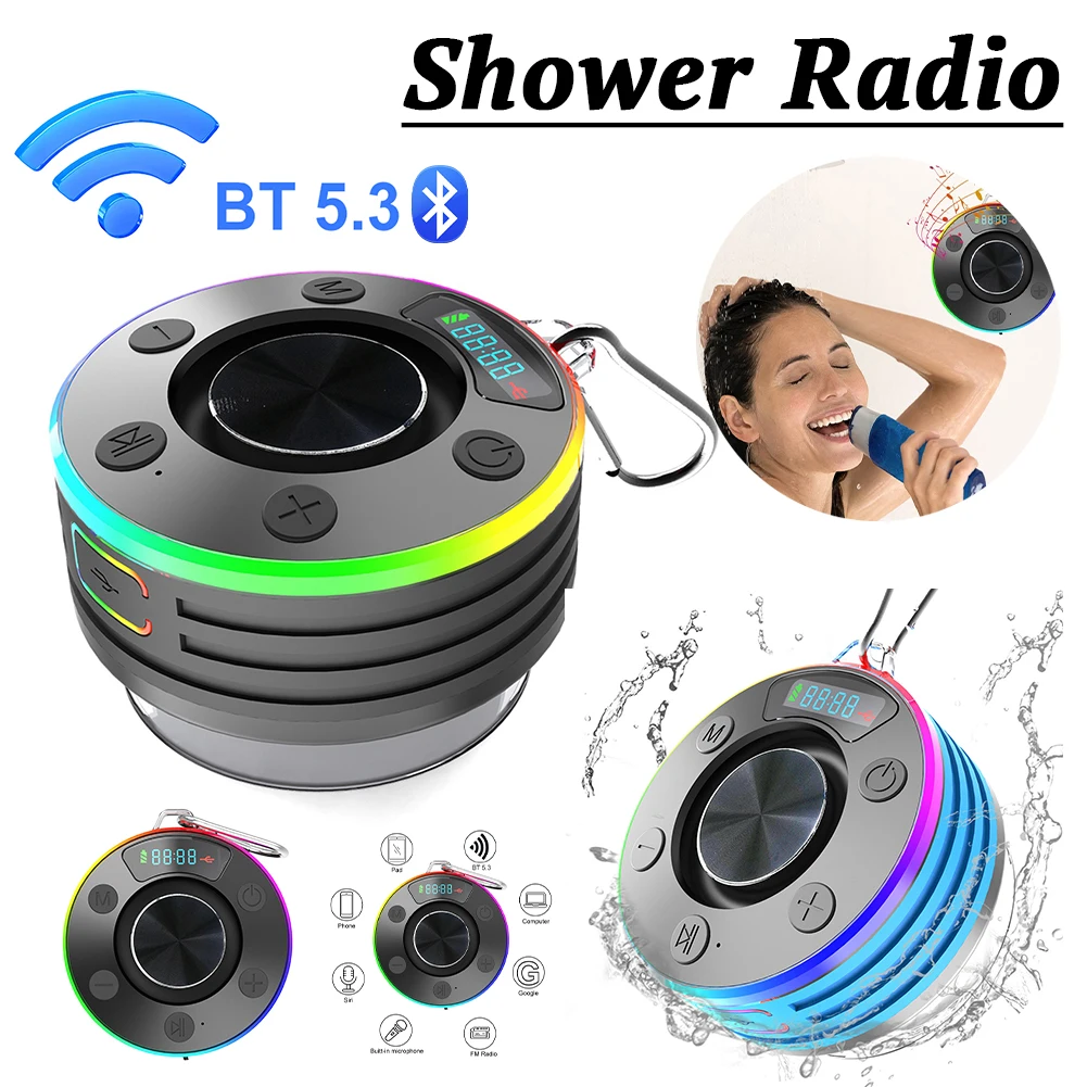 Bluetooth-Compatible 5.3 Shower Speaker IPX7 Waterproof Shower Radio FM Radio Stereo Subwoofer for Kayak Beach Pool Accessories