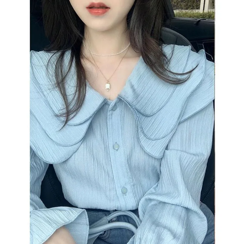 

Women Clothing Shirt Spring AUTUMN Ruffled Turn-down Collar Casual Simple Solid New Fashion Blouse for Women