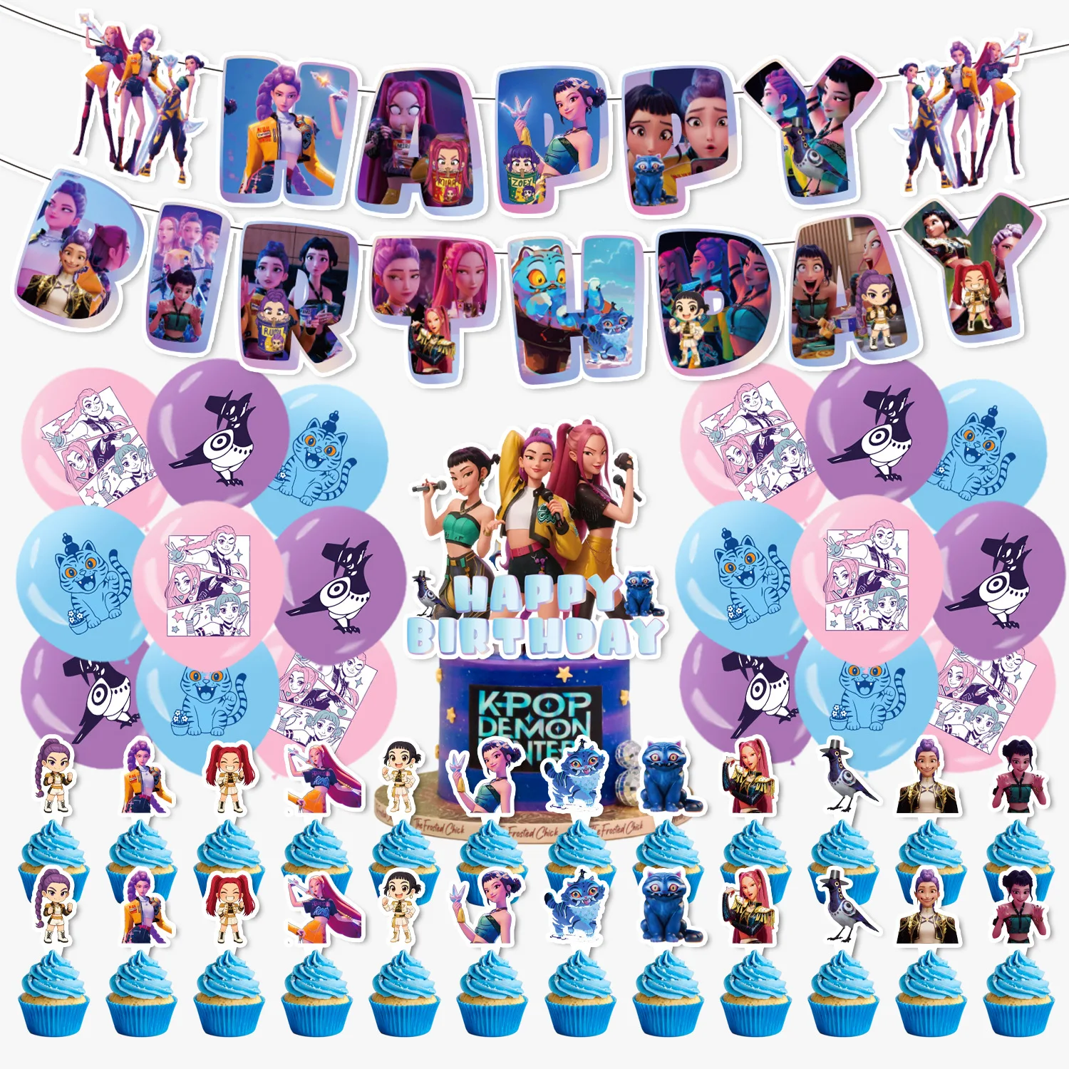 

KPop Demon Hunters Theme Birthday Party Decorations Banner Cake Topper Balloons Set