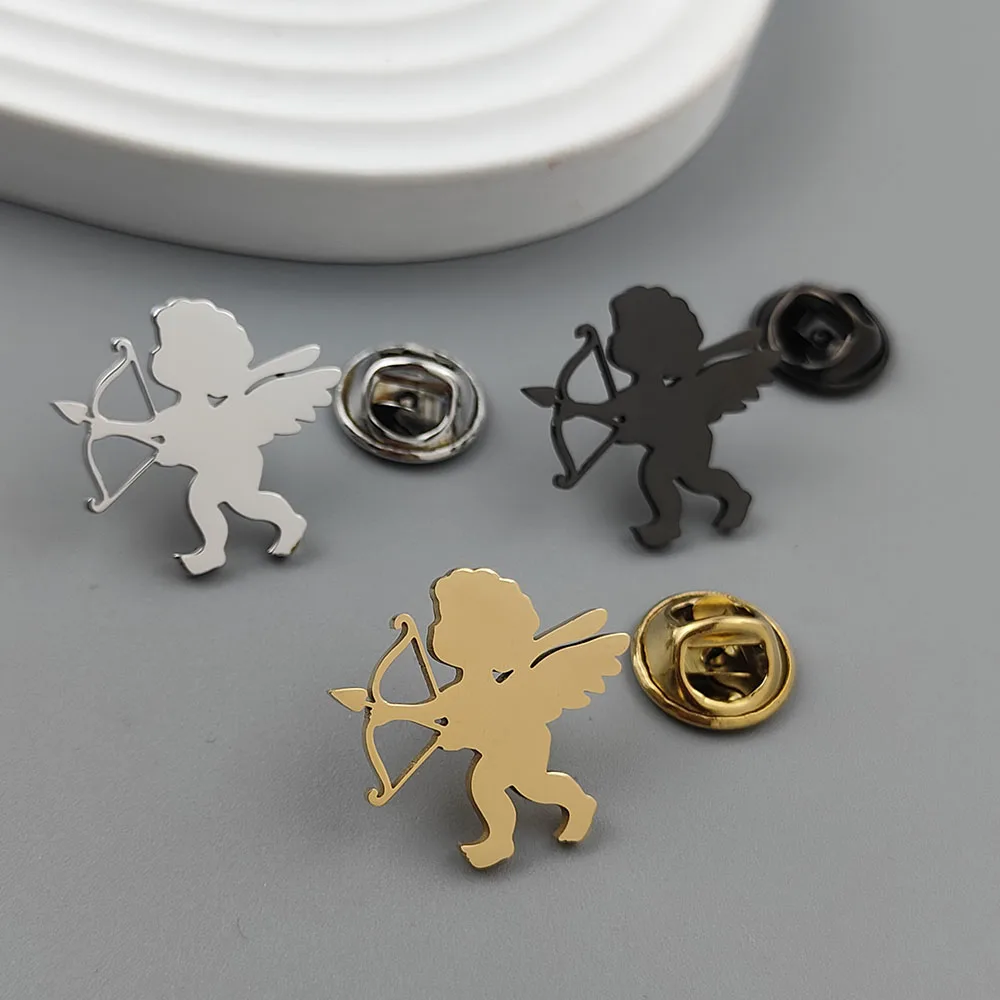 Winged Cupid Bow‑and‑arrow Lapel Pin 18K Gold Plated 316L Stainless Steel Angel Brooch Valentine Clothing Accessory